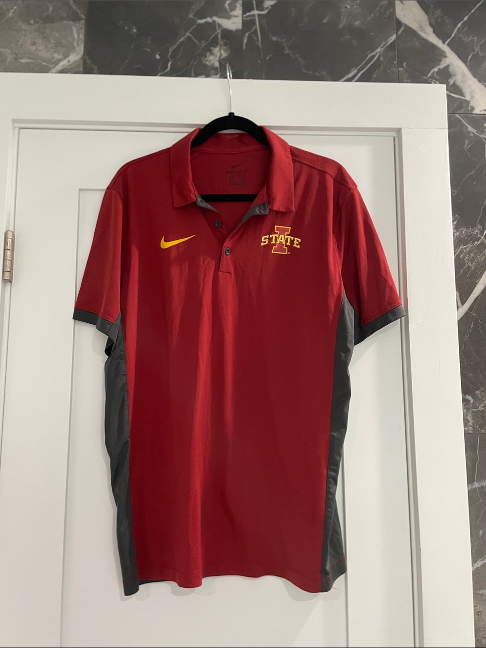 Iowa State Nike Dri-Fit Men's Red Polo with Yellow Swoosh and Gray Panels L